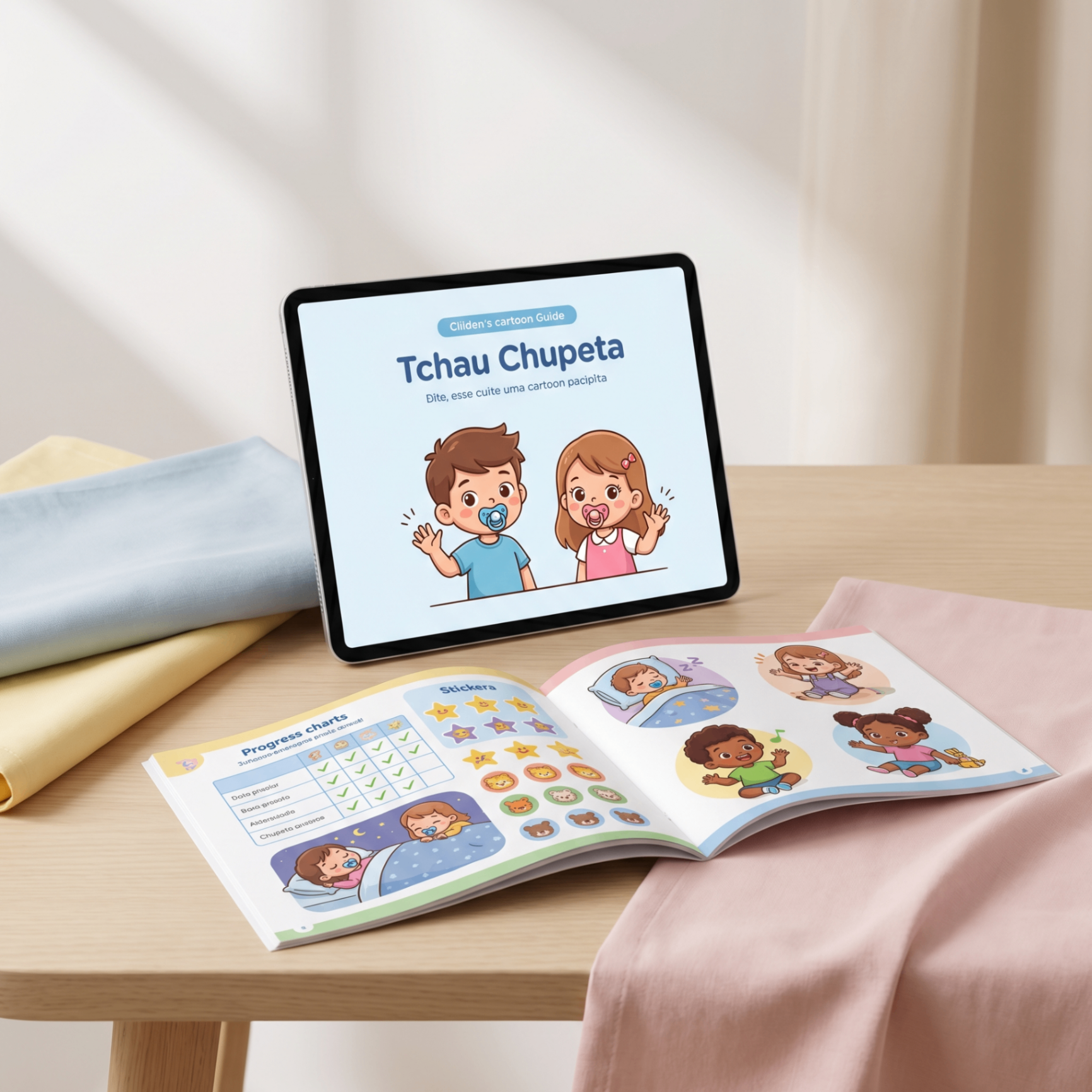 Mockup do material Tchau Chupeta - guia e quadro de progresso